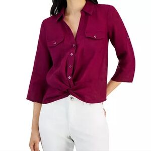 100% Linen International Concepts Twist Hem Blouse Rolled Tab Sleeves Size Large